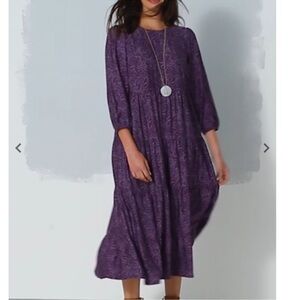🍀 J. Jill Tiered Purple Plum Paisley Long Sleeve Midi Dress
